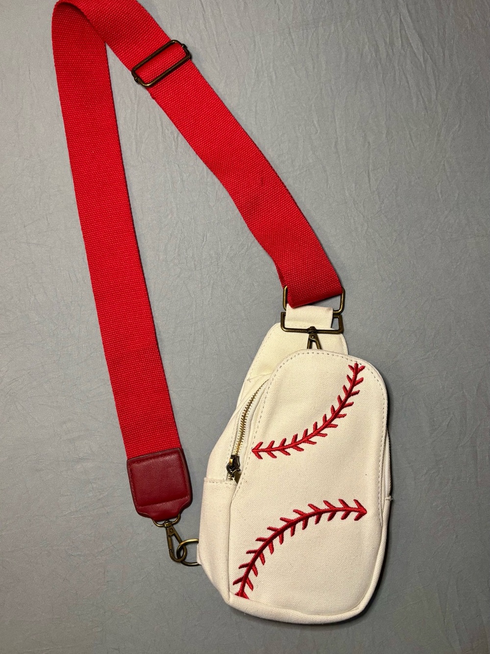 Baseball Embroidered Canvas Sling Crossbody Bag Red Ivory Game Day - Picture 4 of 7